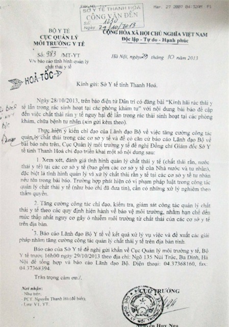 Công văn hỏa tốc của Cục quản lý môi trường, Bộ y tế gửi Sở tế Thanh Hóa