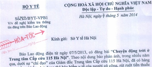 Công văn Bộ Y tế yêu cầu báo cáo vụ việc ở 115 Hà Nội
