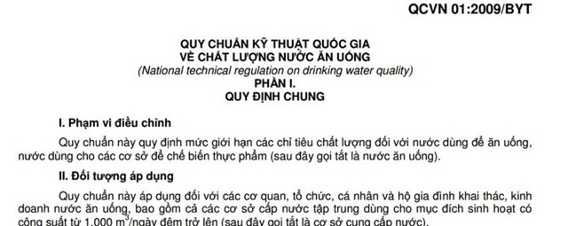 
Chất lượng nước tại các chung cư lớn (công suất 1.000m3/ngàyphải tuân theoQuy chuẩn Việt Nam 01:2009 dành cho nước ăn